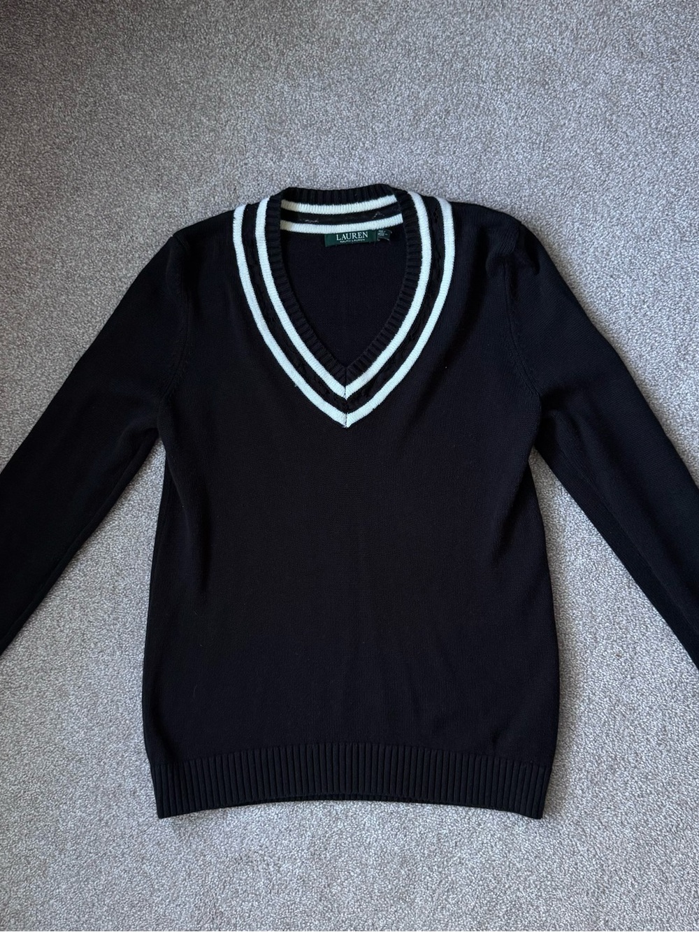 Lauren Ralph Lauren Women's lace trim V-Neck Sweater in Black & White Size Mediu